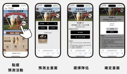 LINE Biz-Solutions 2025 年 CREMIA 案例中的四個賽事預測畫面：活動入口、預測主畫面、選擇隊伍與確認畫面
